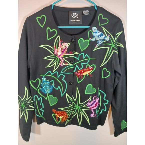 Michael Simon Event Cardigan Sweater Frogs Sequin Artsy Eclectic Size S - Picture 2 of 6